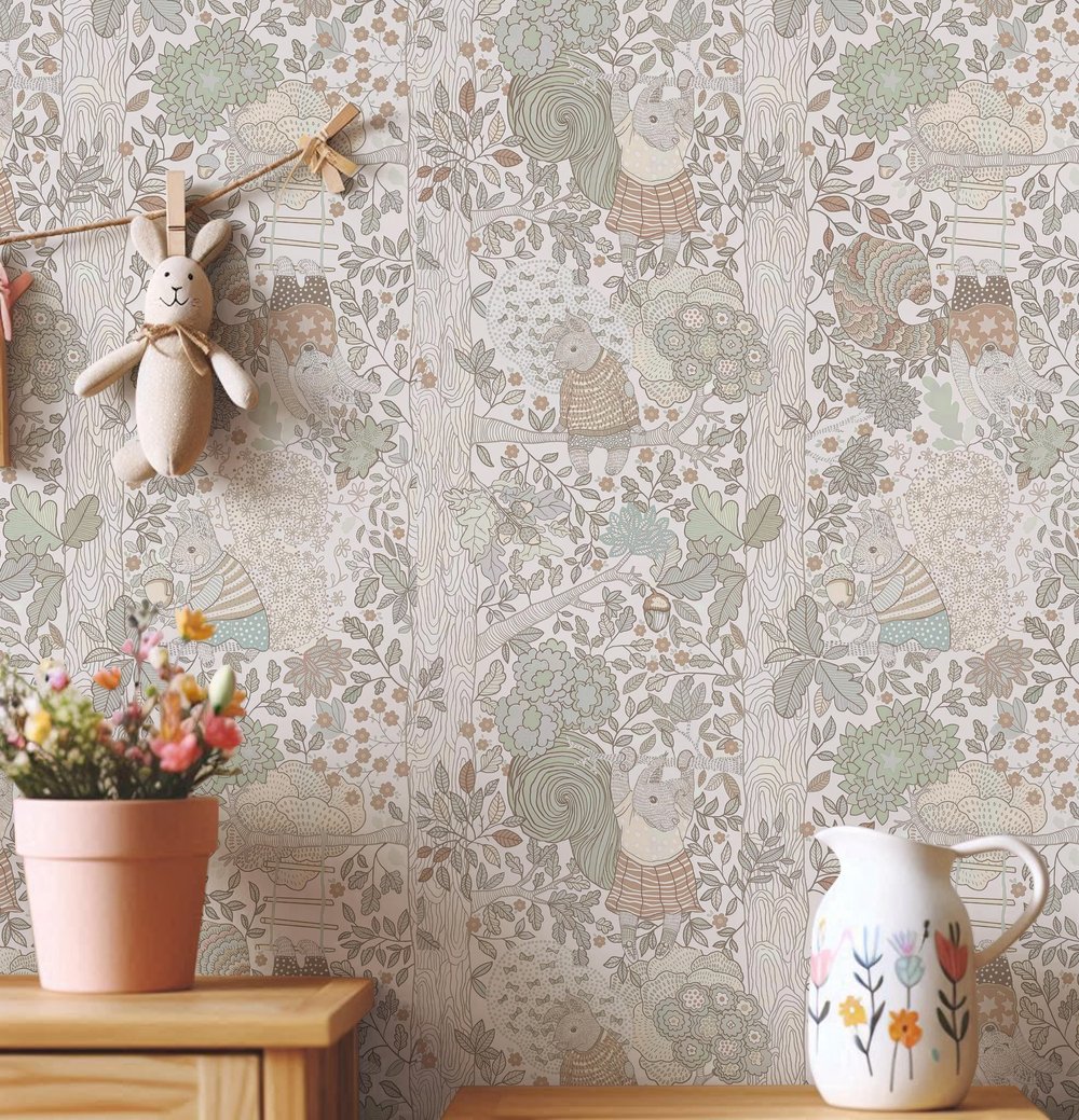 Ağaç Dallarında Asılı Tavşanlar Yapraklar Vintage Tasarım Soft Renkler Bebek & Çocuk Odası Duvar Kağıdı