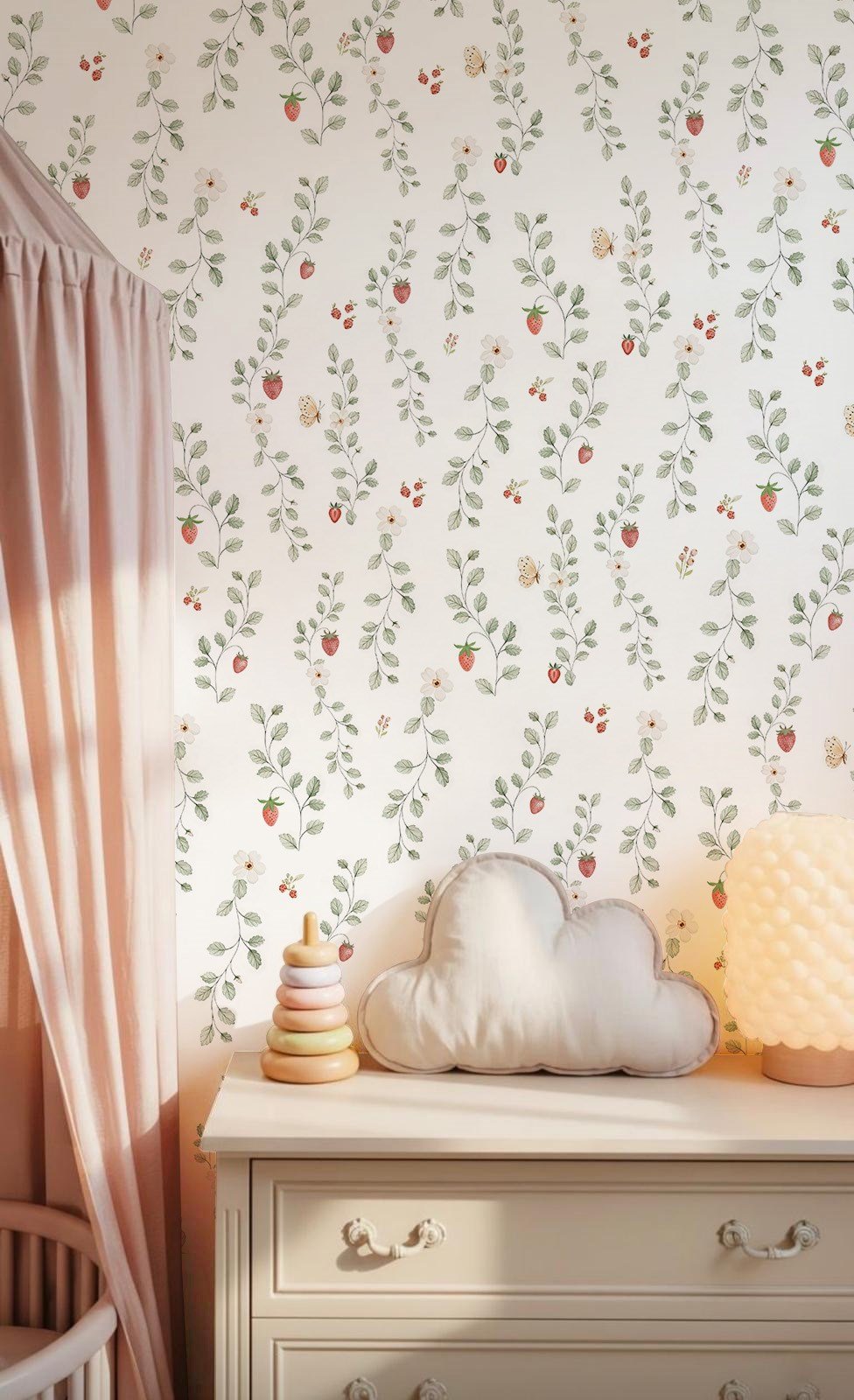 Çilekler ve Sarmal Yapraklar Bebek & Çocuk Odası Duvar Kağıdı