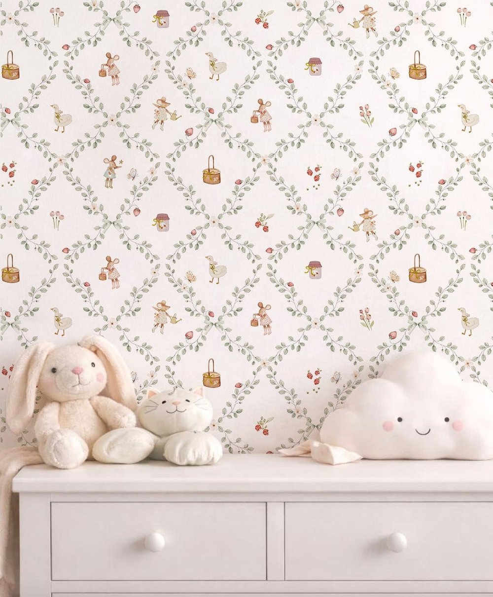 Çilekler ve Yapraklar Minimal Fareler Piknik Konsept Bebek & Çocuk Odası Duvar Kağıdı