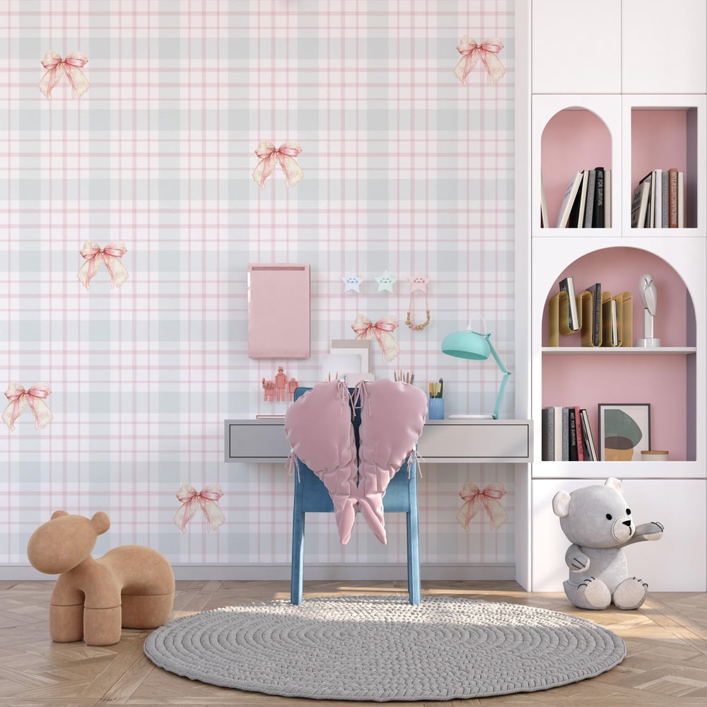 Ekose Desen Mavi Pembe Soft Çizgiler Fiyonk Detaylı Bebek Çocuk Odası Duvar Kağıdı