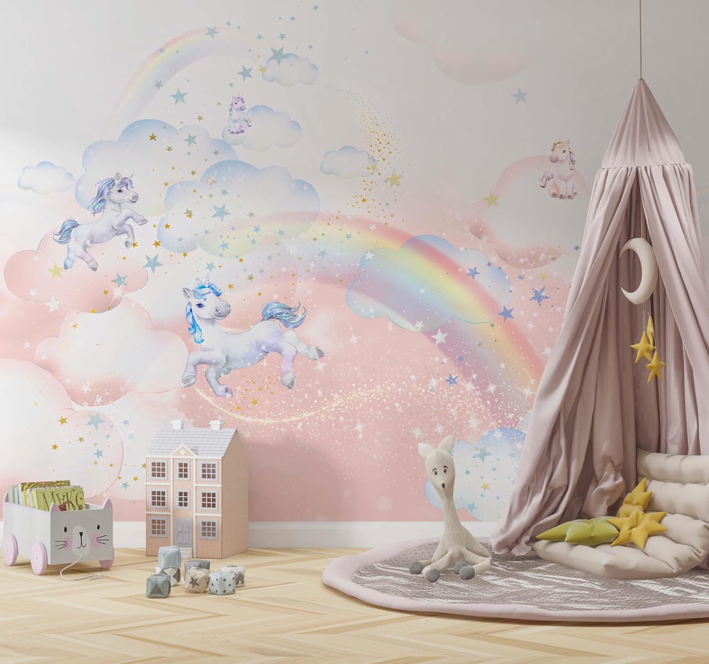 Gökkuşağı Pembe Gökyüzü ve Unicorn Çocuk Odası Duvar Kağıdı