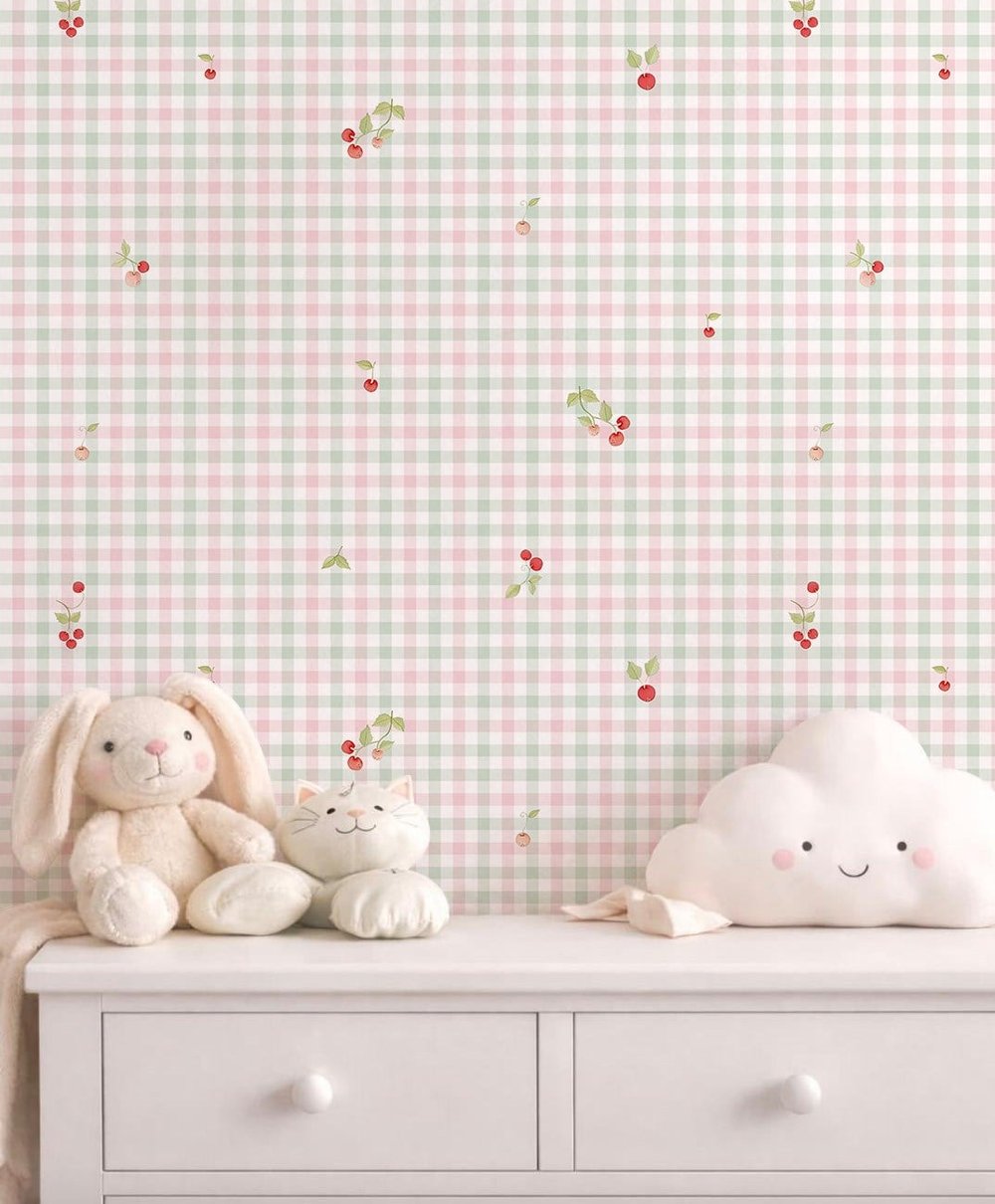 Kirazlar Soft Yeşil Pembe Pötikare Bebek & Çocuk Odası Duvar Kağıdı