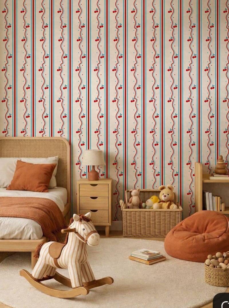 Kirazlar ve Çizgiler Retro Görünüm Şeritler Konsept Bebek & Çocuk Odası Duvar Kağıdı