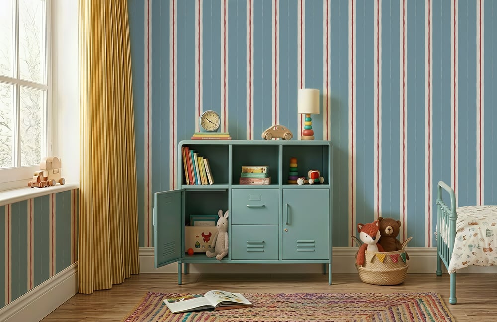 Mavi Kırmızı Çizgiler Retro Görünüm Konsept Tasarım Bebek & Çocuk Odası Duvar Kağıdı
