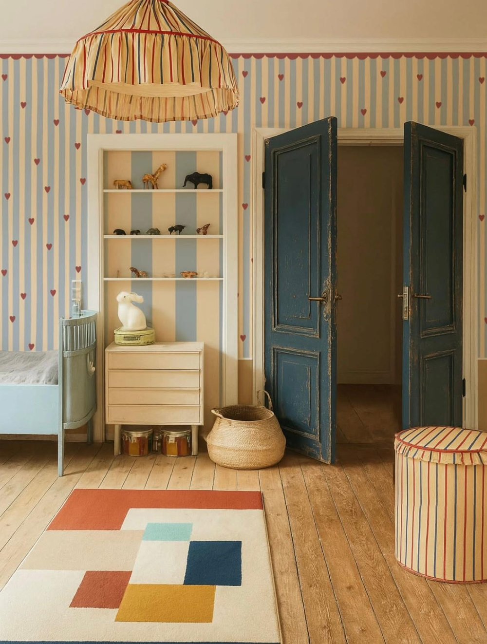 Mavi Şeritler ve Minik Kırmızı Kalpler Retro Görünüm Bebek Çocuk Odası Duvar Kağıdı