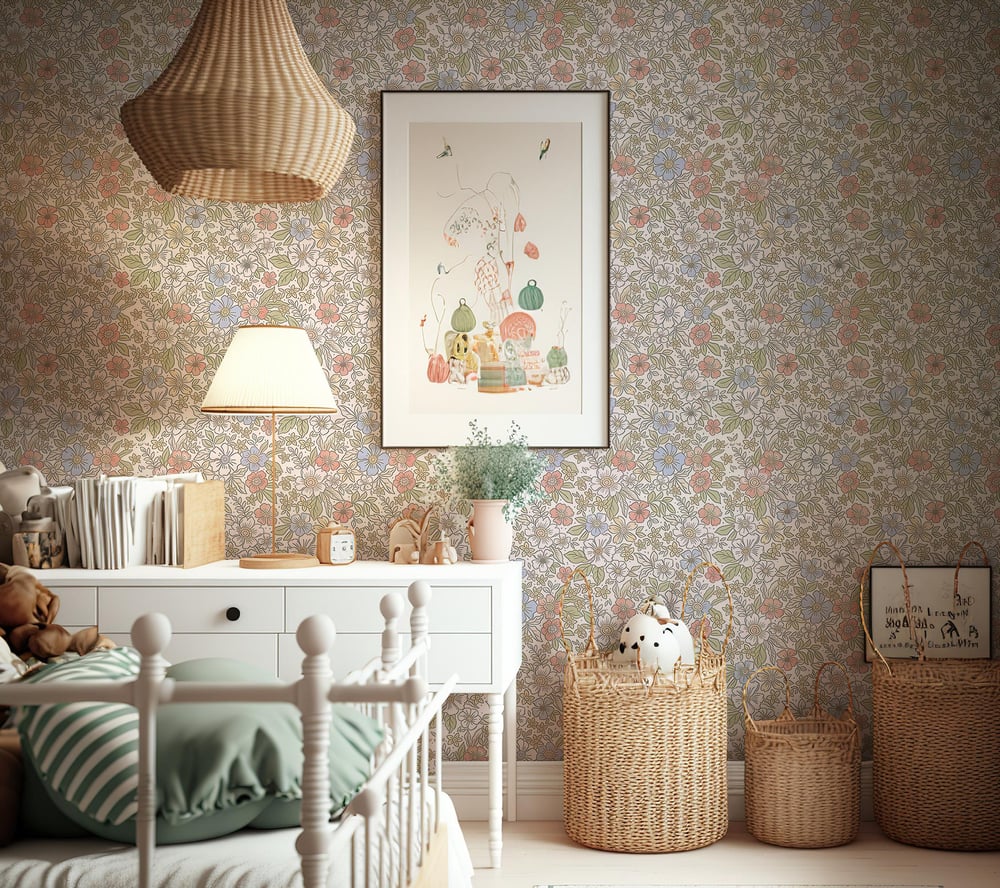Minik Renkli Çiçekler Kız Bebek Pembe Mavi Çiçekler Bebek & Çocuk Odası Duvar Kağıdı