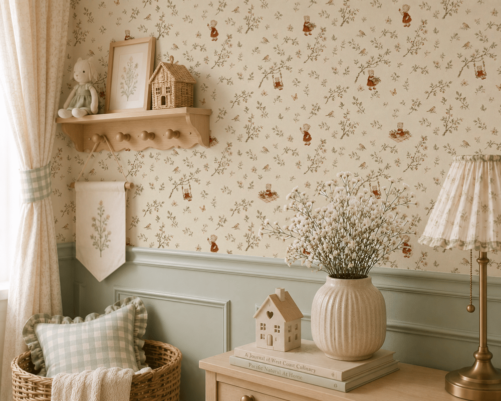 Minimal Ayıcıklar ve Yapraklar Piknik Konsept Bebek & Çocuk Odası Duvar Kağıdı