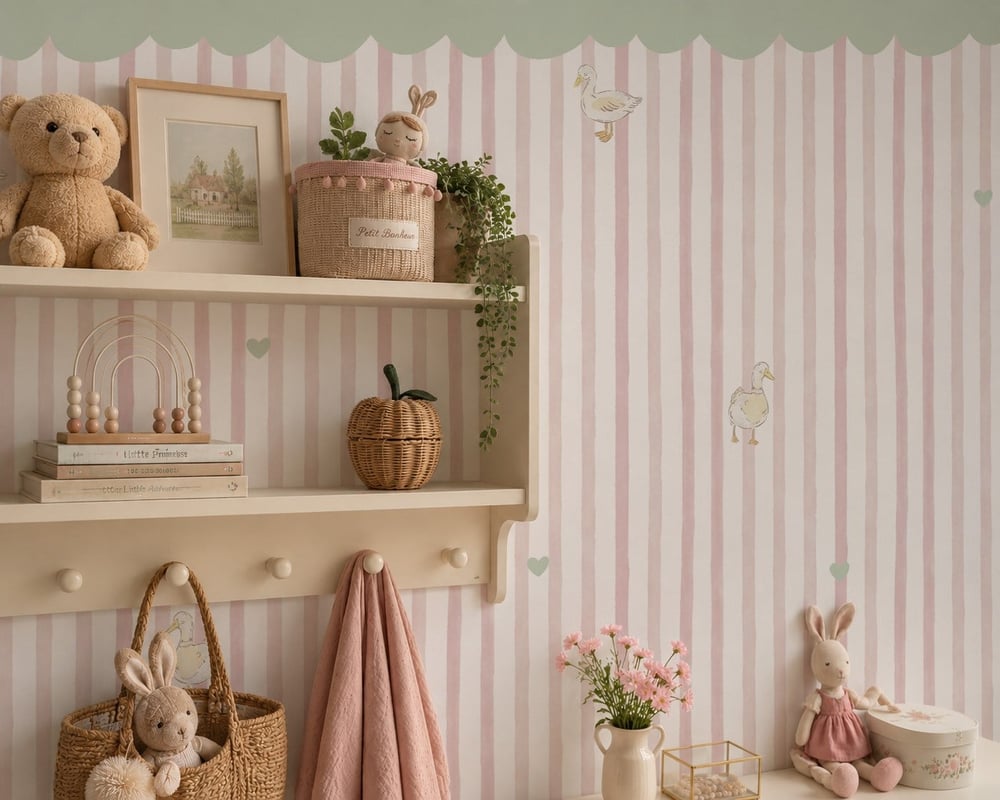 Pastel Yeşil Tente Pembe Şeritler Ördek ve Kalpler Bebek & Çocuk Odası Duvar Kağıdı