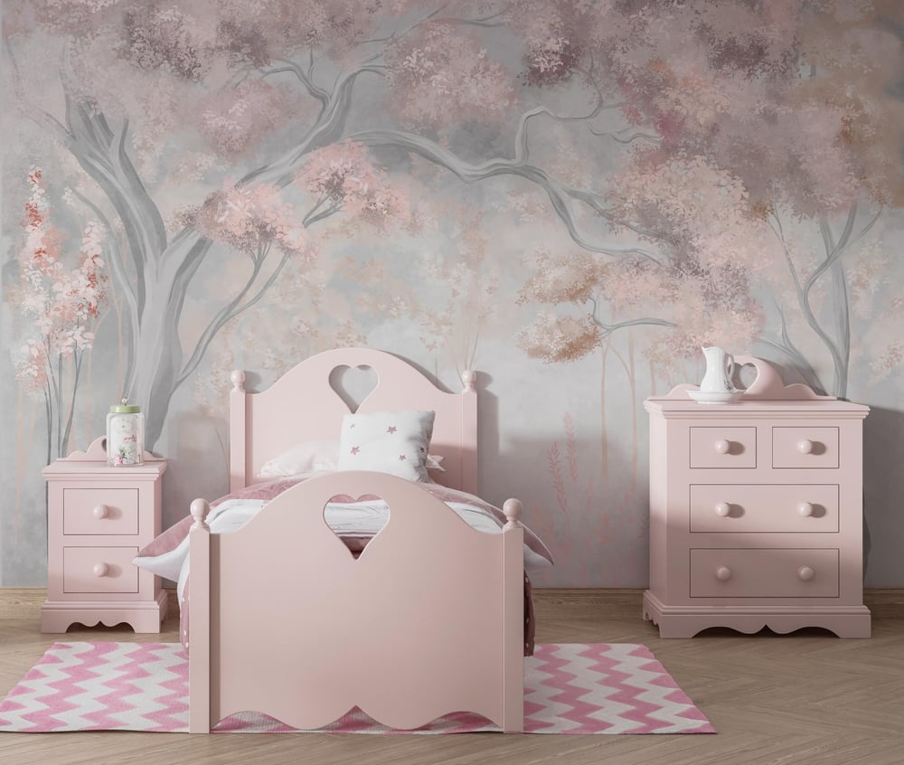 Pembe Orman ve Pembe Yapraklı İki Ağaç Çocuk Odası Duvar Kağıdı
