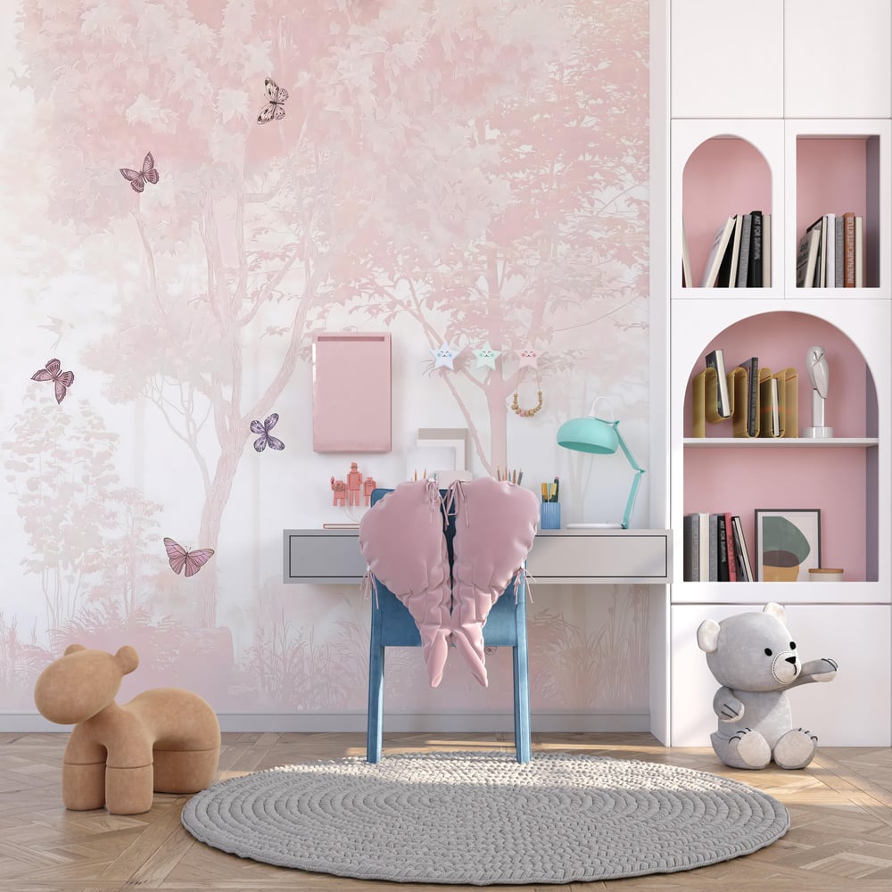 Pembe Orman ve Renkli Kelebekler Çocuk Odası Duvar Kağıdı