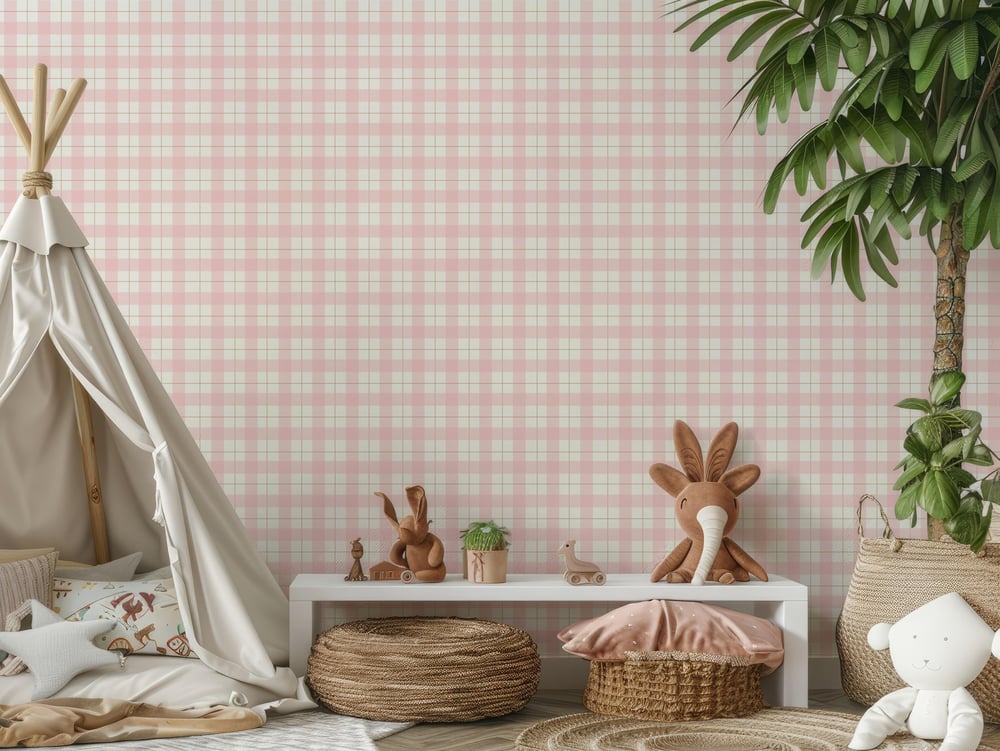 Pembe Pötikare ve Çizgiler Soft Görünümlü Bebek Çocuk Odası Duvar Kağıdı