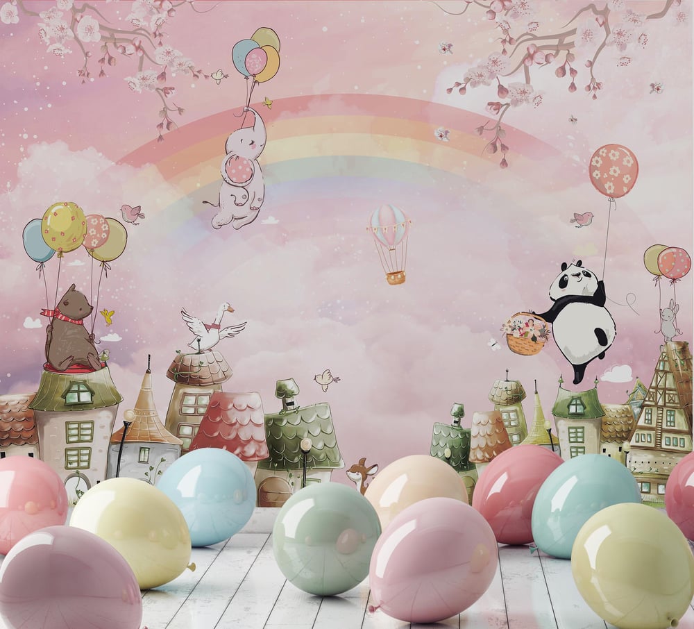 Pembe Sevimli Hayvanlar Panda ve Gökkuşağı Çocuk Odası Duvar Kağıdı