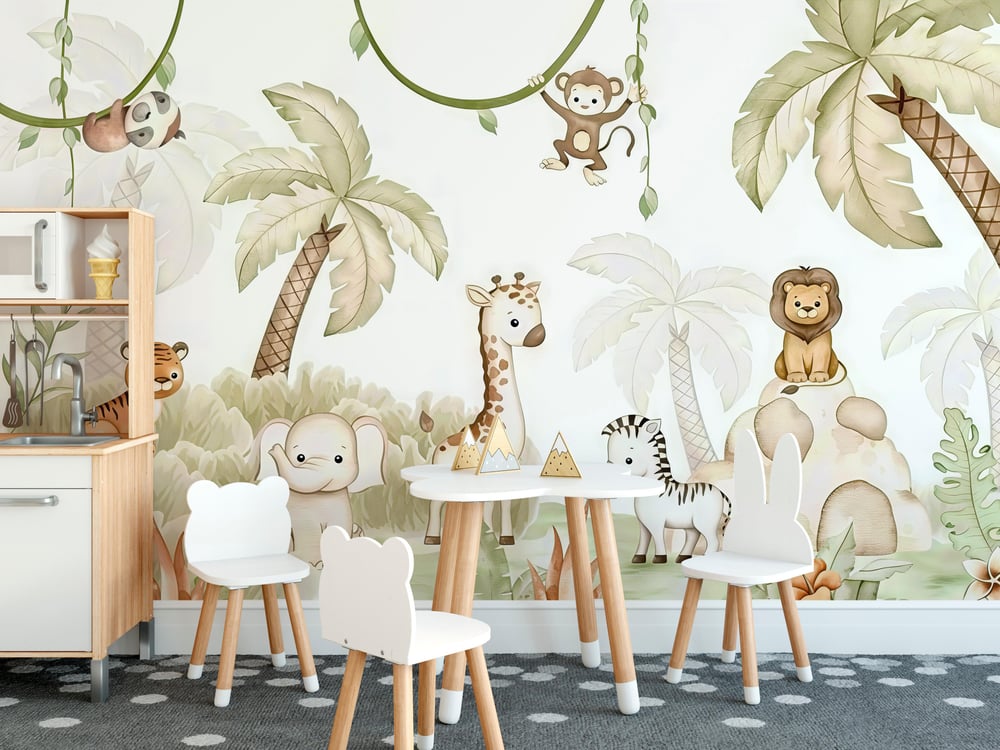 Safari Hayvanlar Palmiye Ağaçları Zürafa Aslan Zebra Maymun Çocuk Odası Duvar Kağıdı