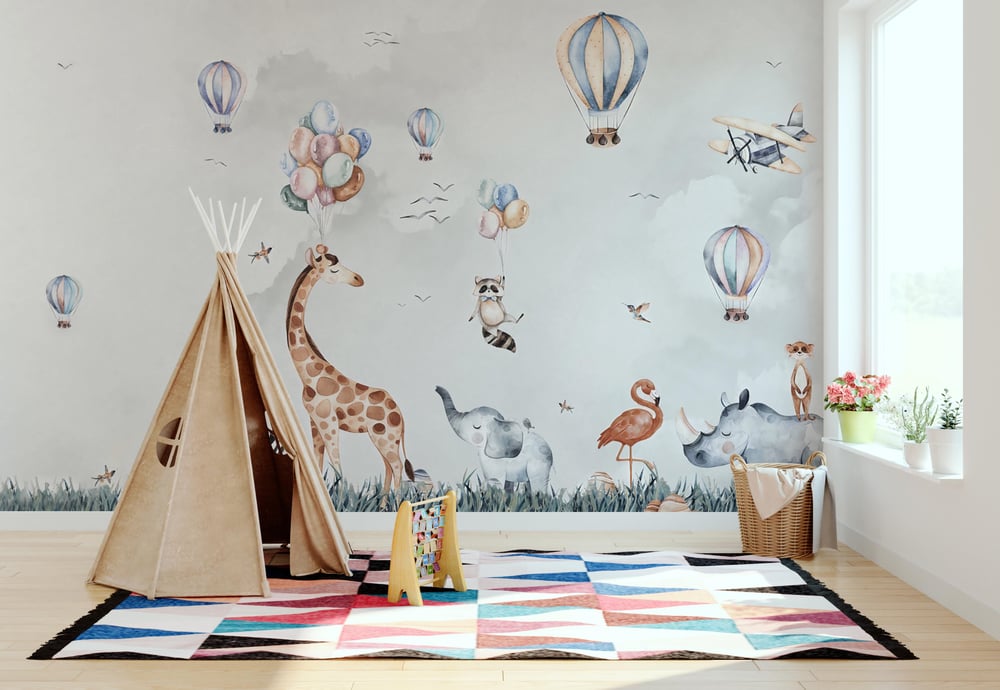 Safari Hayvanlar Zürafa Flamingo ve Balonlar Çocuk Odası Duvar Kağıdı