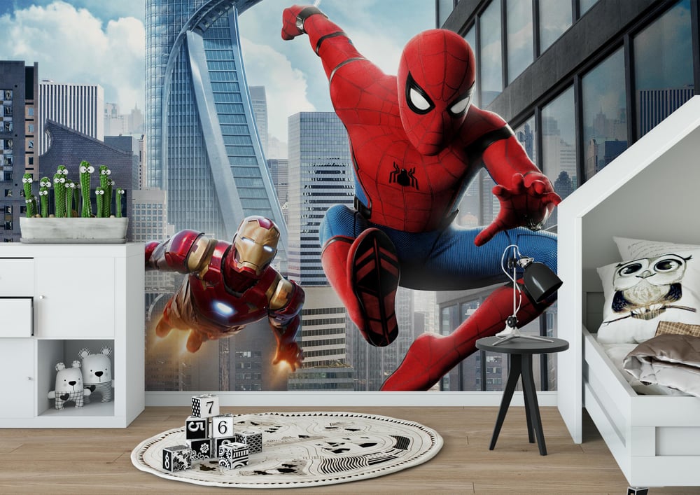 Spider Man Iron Man Şehir Binalar Çocuk Odası Duvar Kağıdı