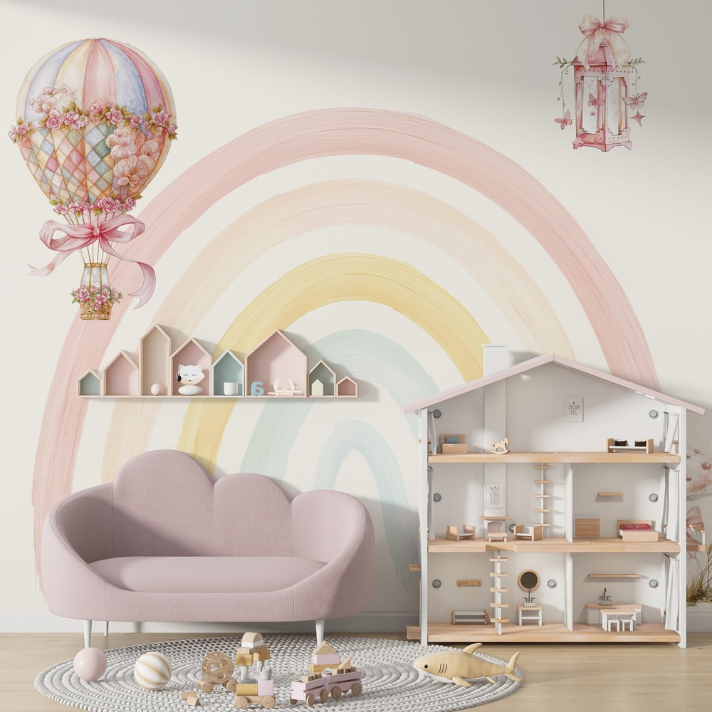 Suluboya Efektli Büyük Gökkuşağı Pastel Tonlar Uçan Balon Tavşan Bebek & Çocuk Odası Duvar Kağıdı
