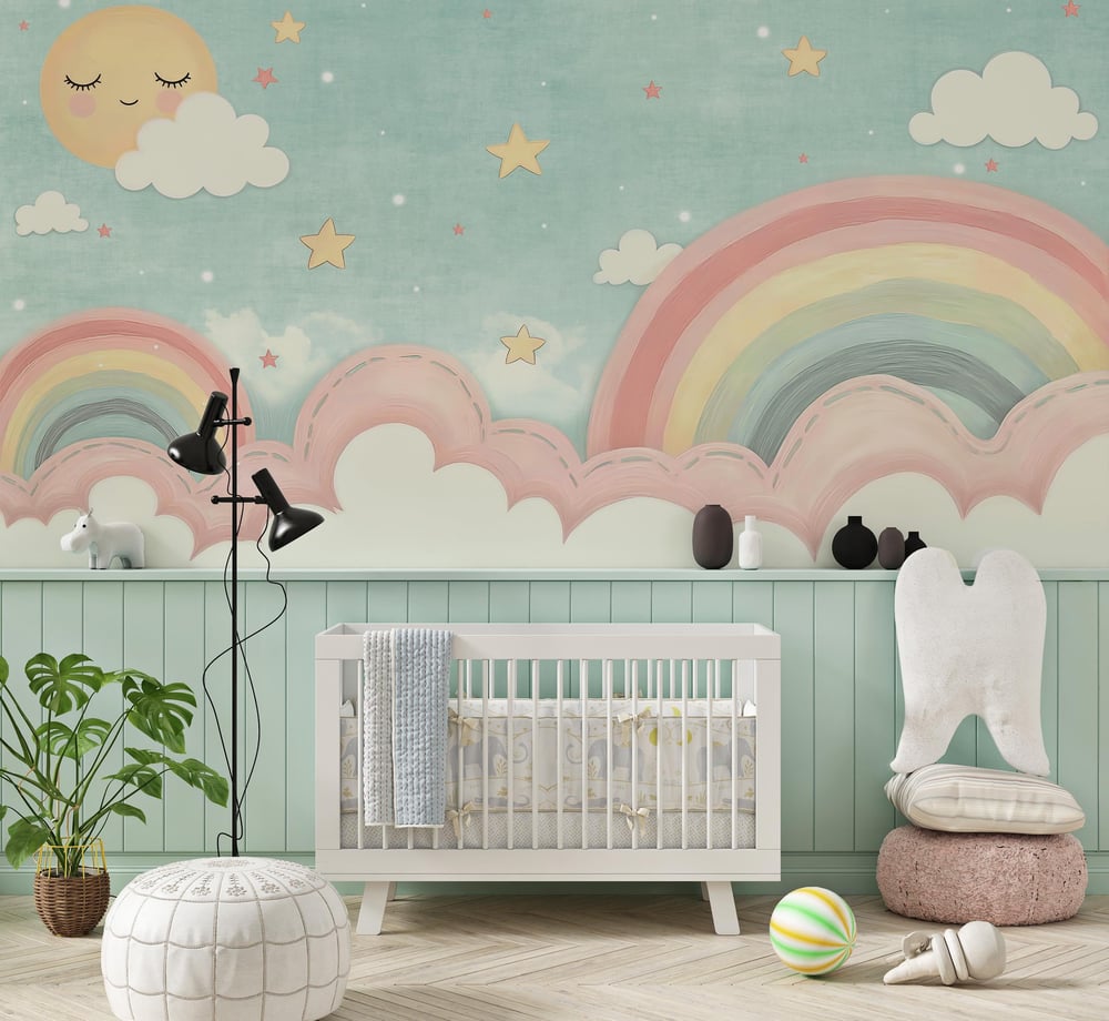 Suluboya Efektli Güneş Gökkuşağı Bulutlar ve Yıldızlar Pastel Renkler Bebek & Çocuk Odası Duvar Kağıdı