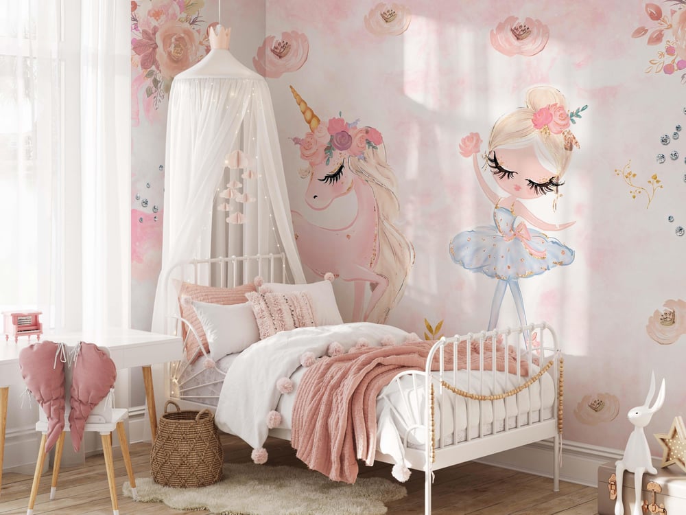 Unicorn ve Balerin Kız Pembe Çiçekler Çocuk Odası Duvar Kağıdı