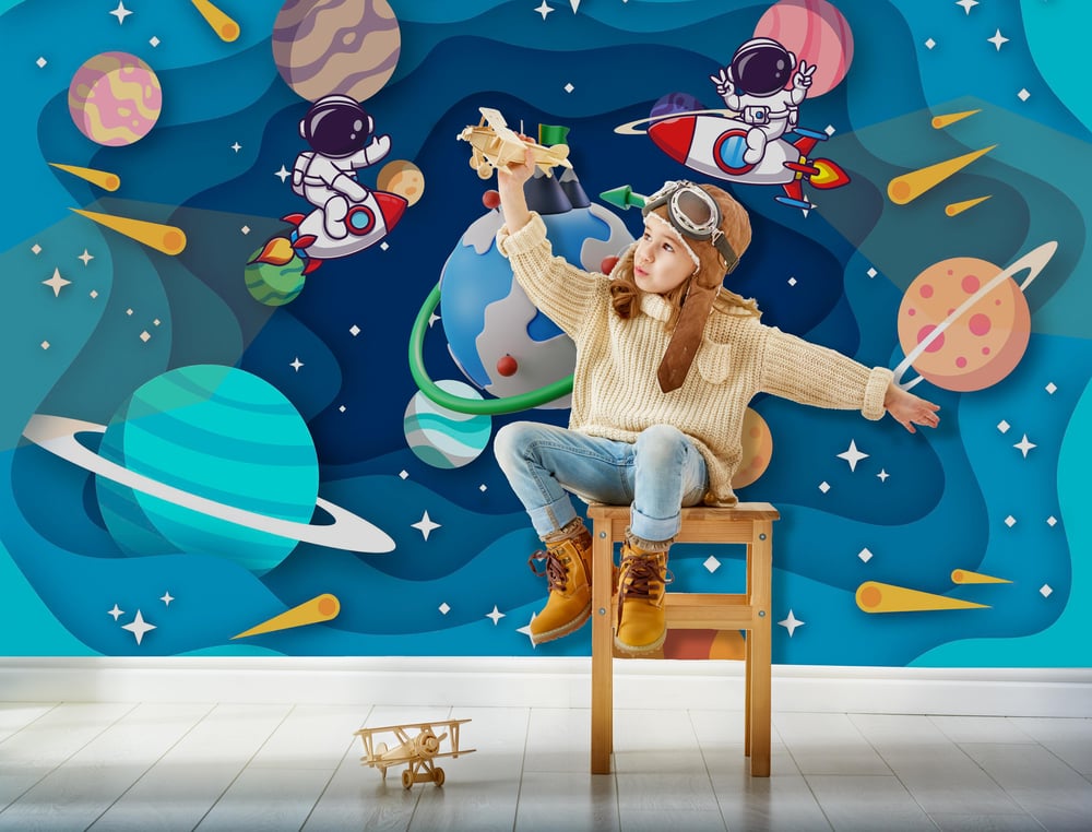 Uzay Katmanlar ve Gezegenler Uzay Mekiği ve Astronotlar Etkileyici Çocuk Odası Duvar Kağıdı