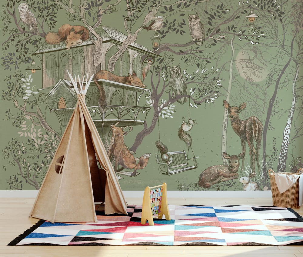 Yeşil Orman Tilkiler ve Ağaç Ev Çocuk Odası Duvar Kağıdı