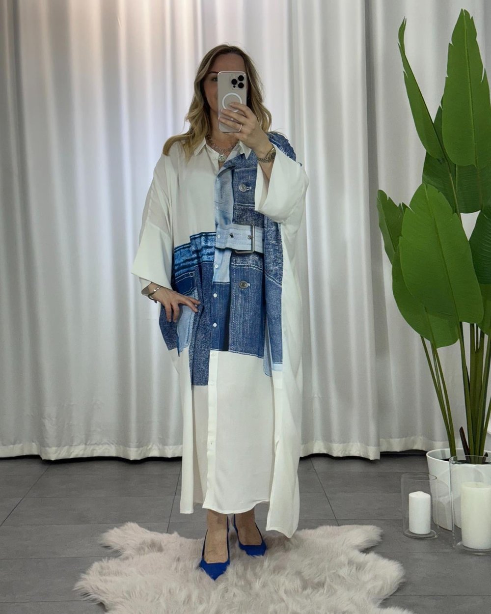 Denim Baskılı Gömlek Elbise Beyaz Mavi