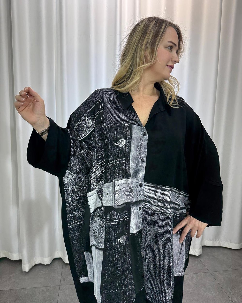 Denim Baskılı Gömlek Elbise Siyah Gri
