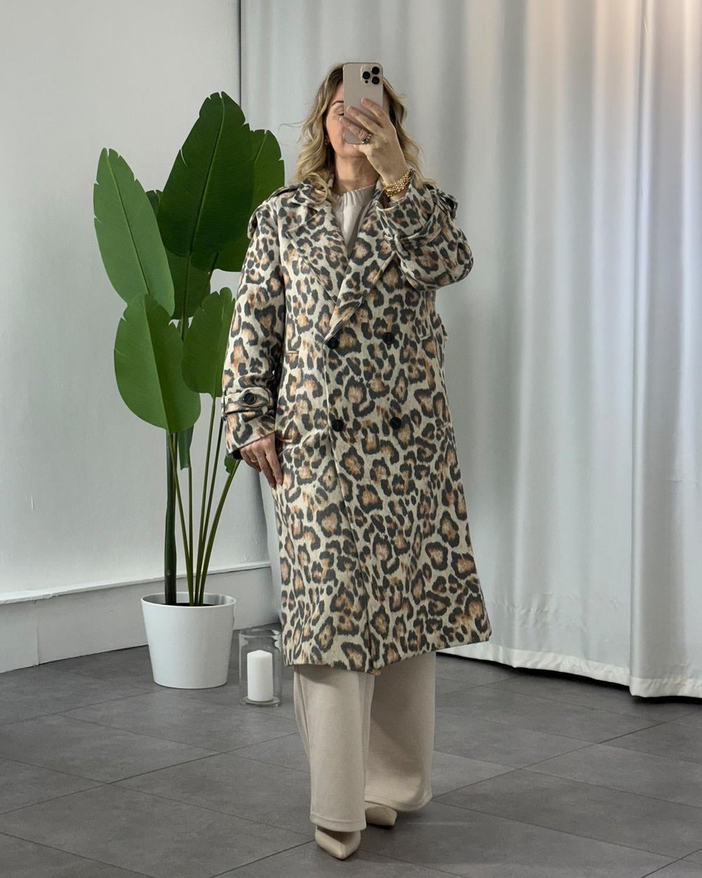 Premium Kumaş Leopar Desenli Palto