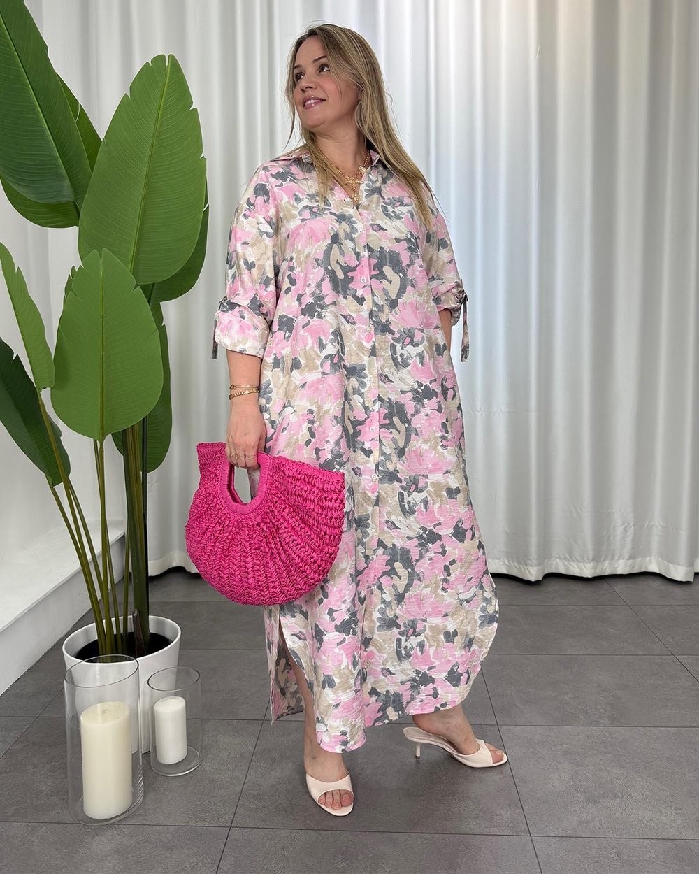 Matilda Gömlek Elbise Pembe Gri