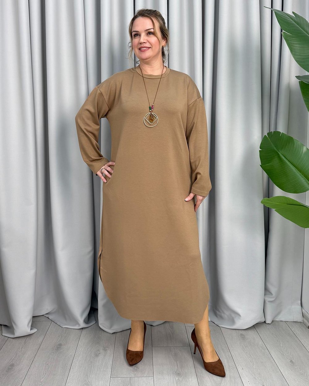 Natali Basic Elbise Taba