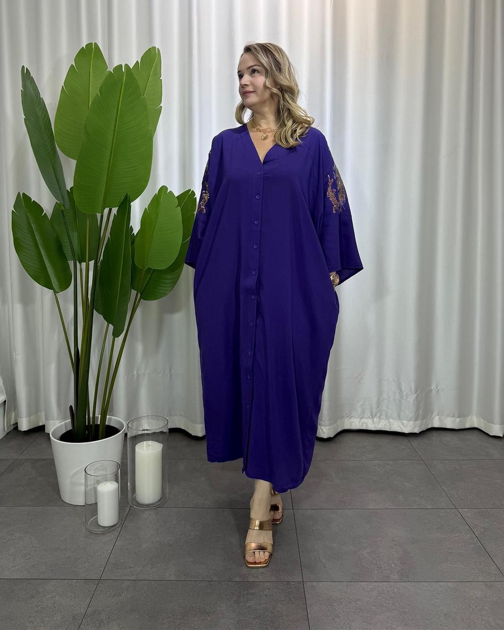 Payetli Mor Kimono Elbise