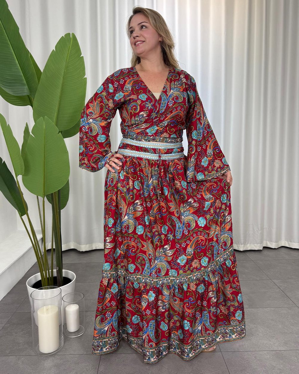 Simran İpek Etekli Takım Bordo Desenli