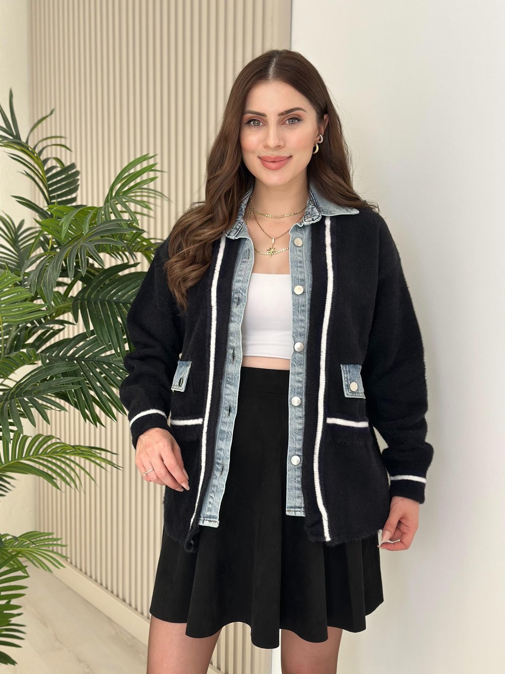Angora Denim Miksli Tasarım Hırka Siyah