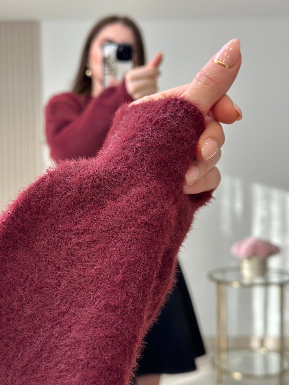 Angora İplik Gold Düğmeli Hırka Mürdüm