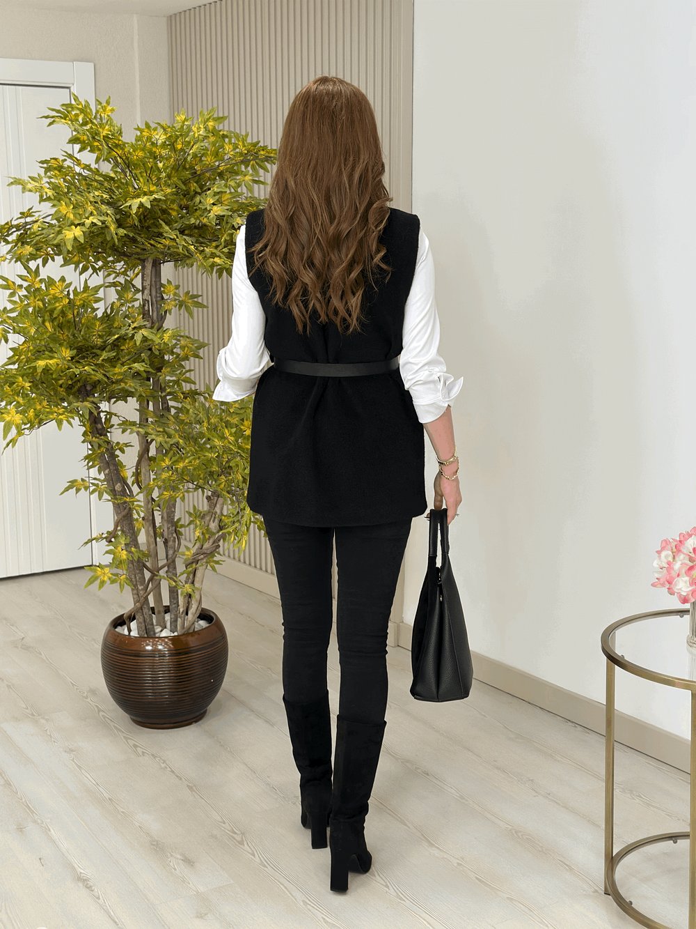 Angora Midi Boy Yelek Siyah