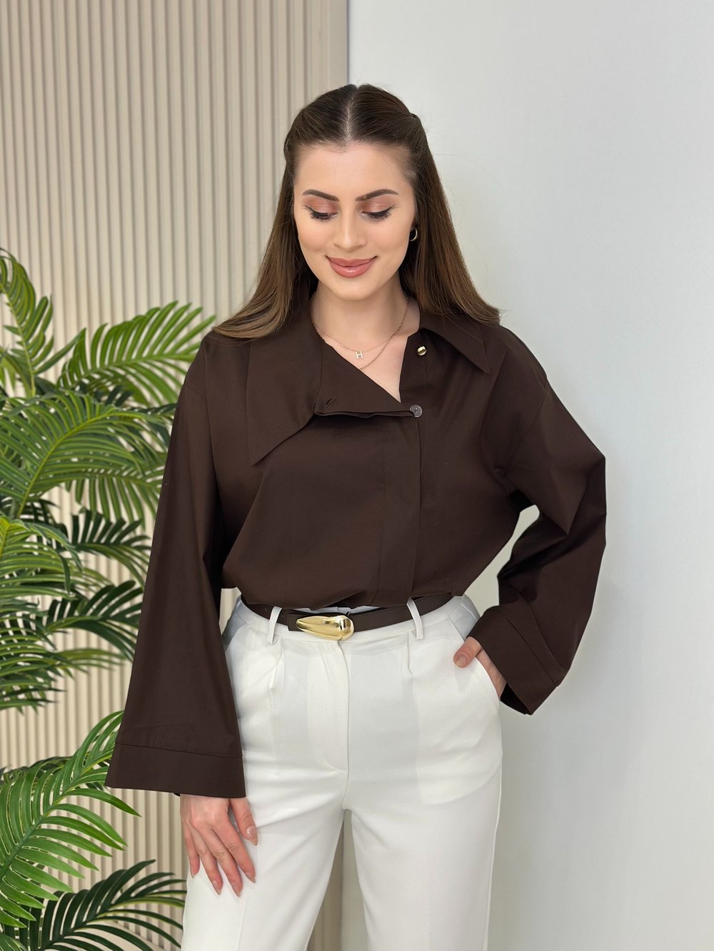 Asimetrik Yaka Oversıze Poplin Gömlek Kahve