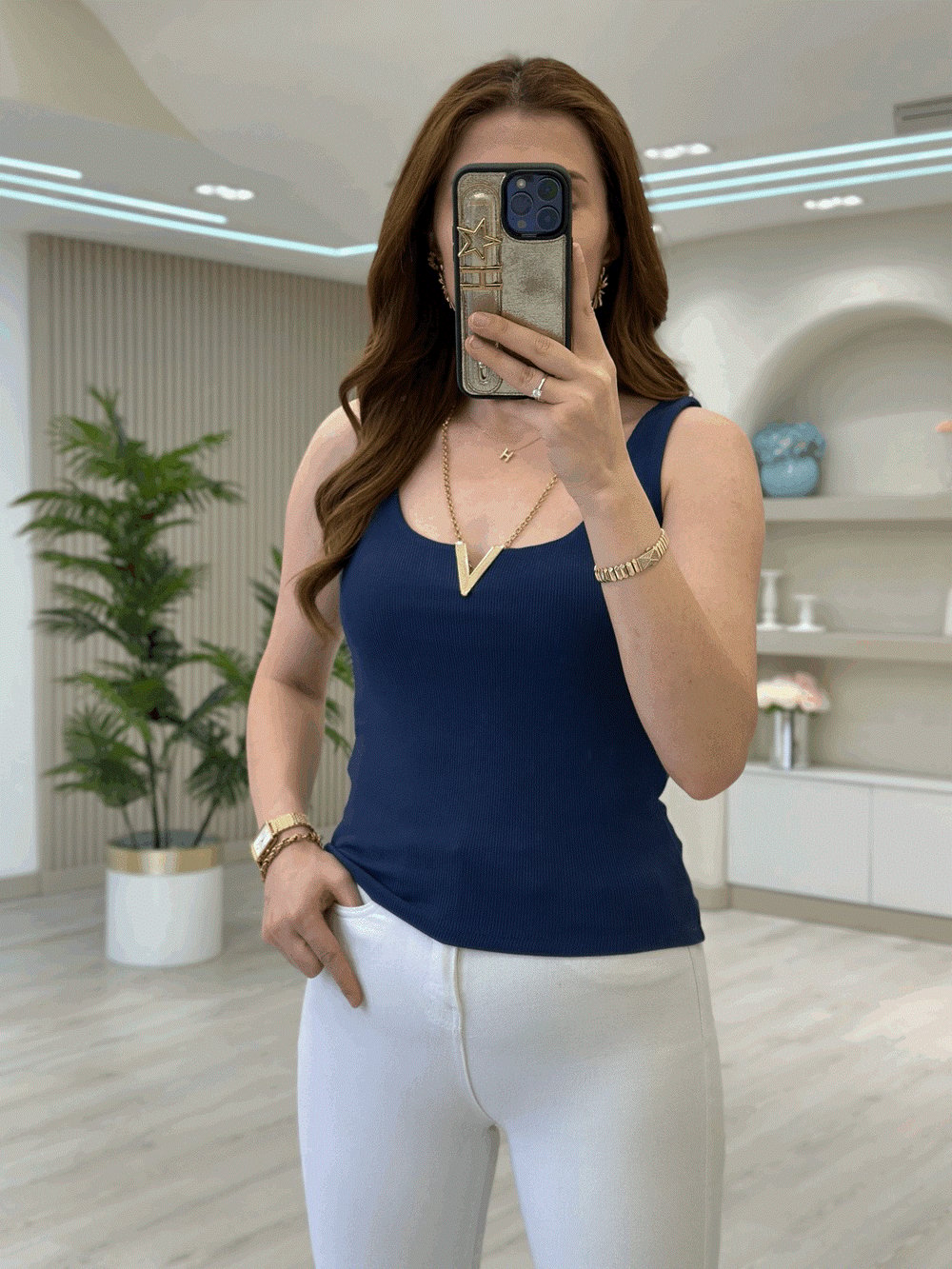 Yakası Gold Aksesuarlı Fitilli Atlet Lacivert