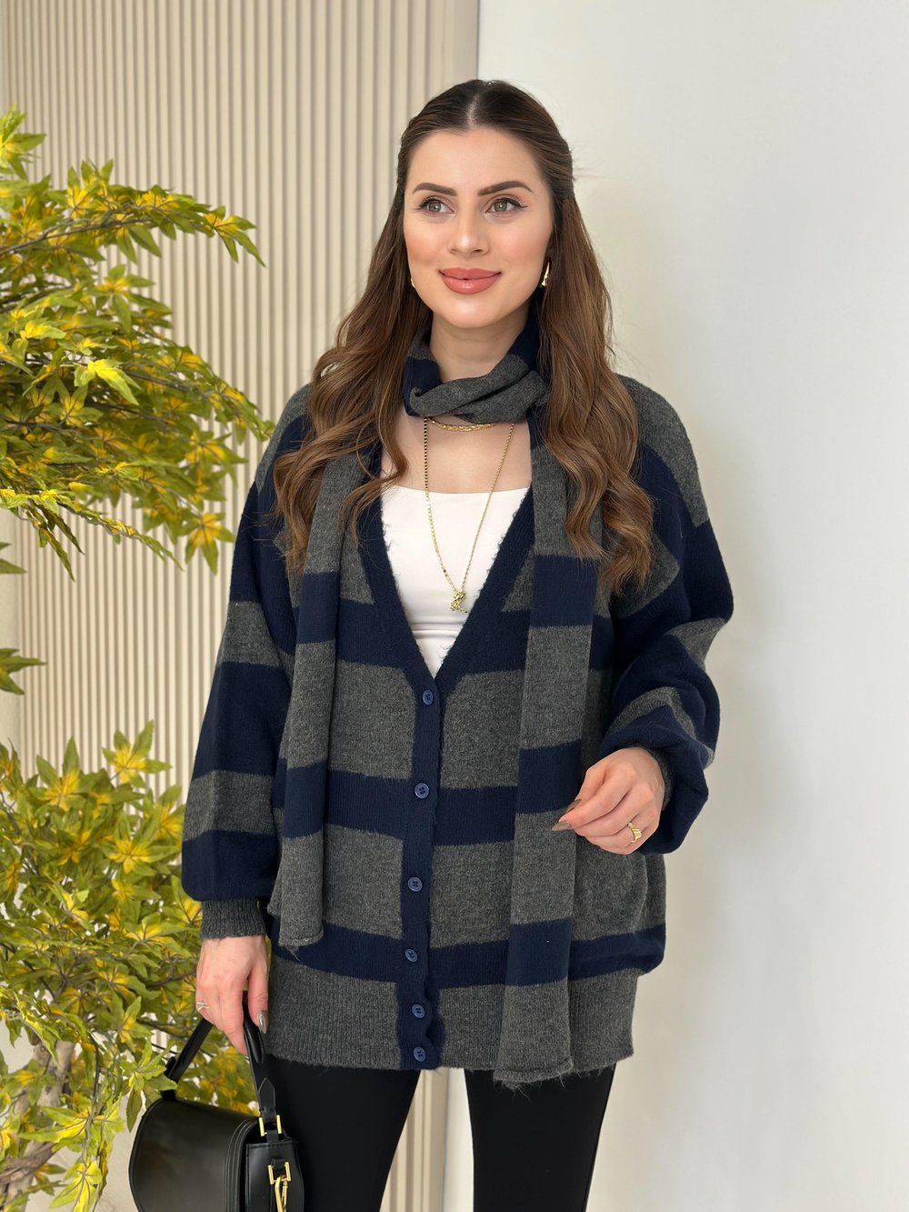 Atkılı Çizgili Oversıze Hırka Lacivert Füme