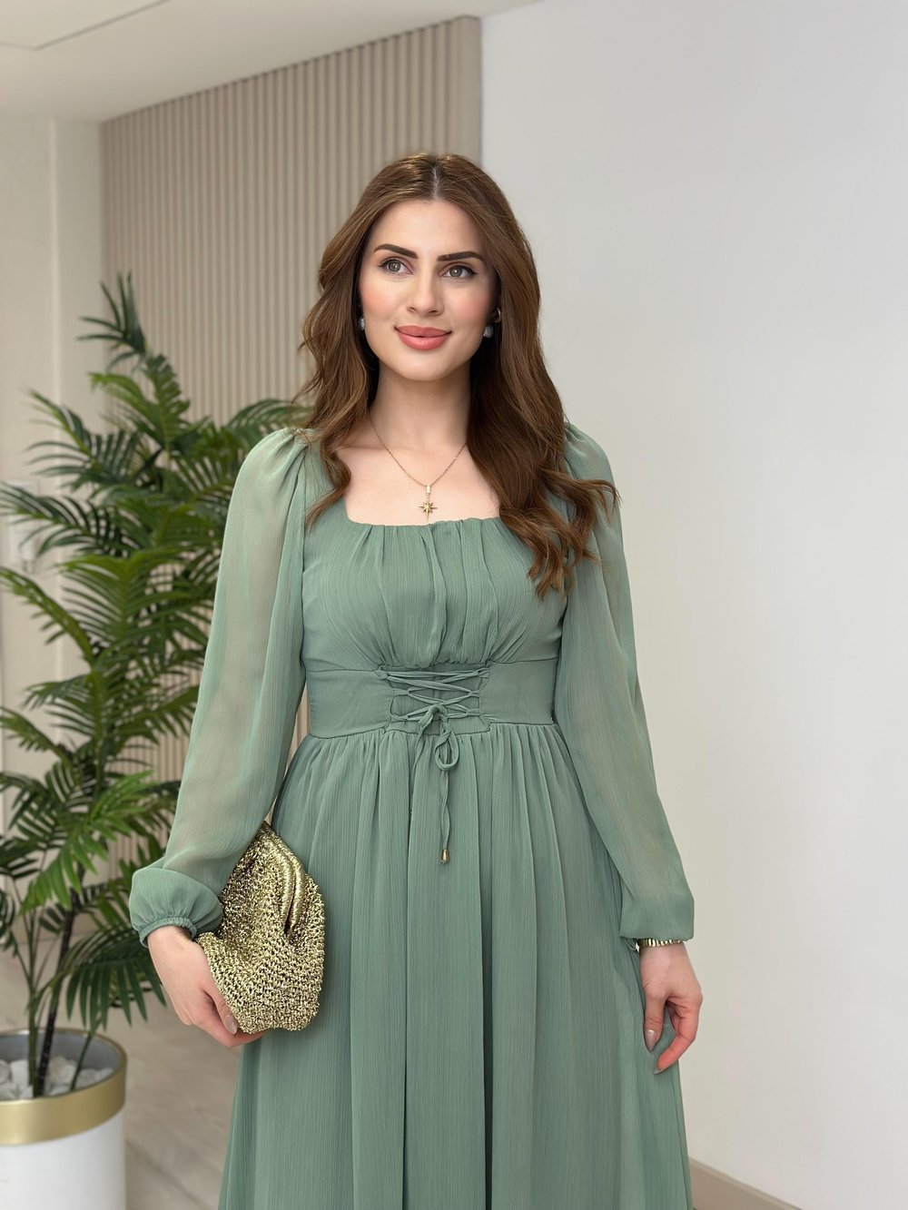 Beli Bağlamalı Fransız Model Şifon Elbise Mint Yeşili