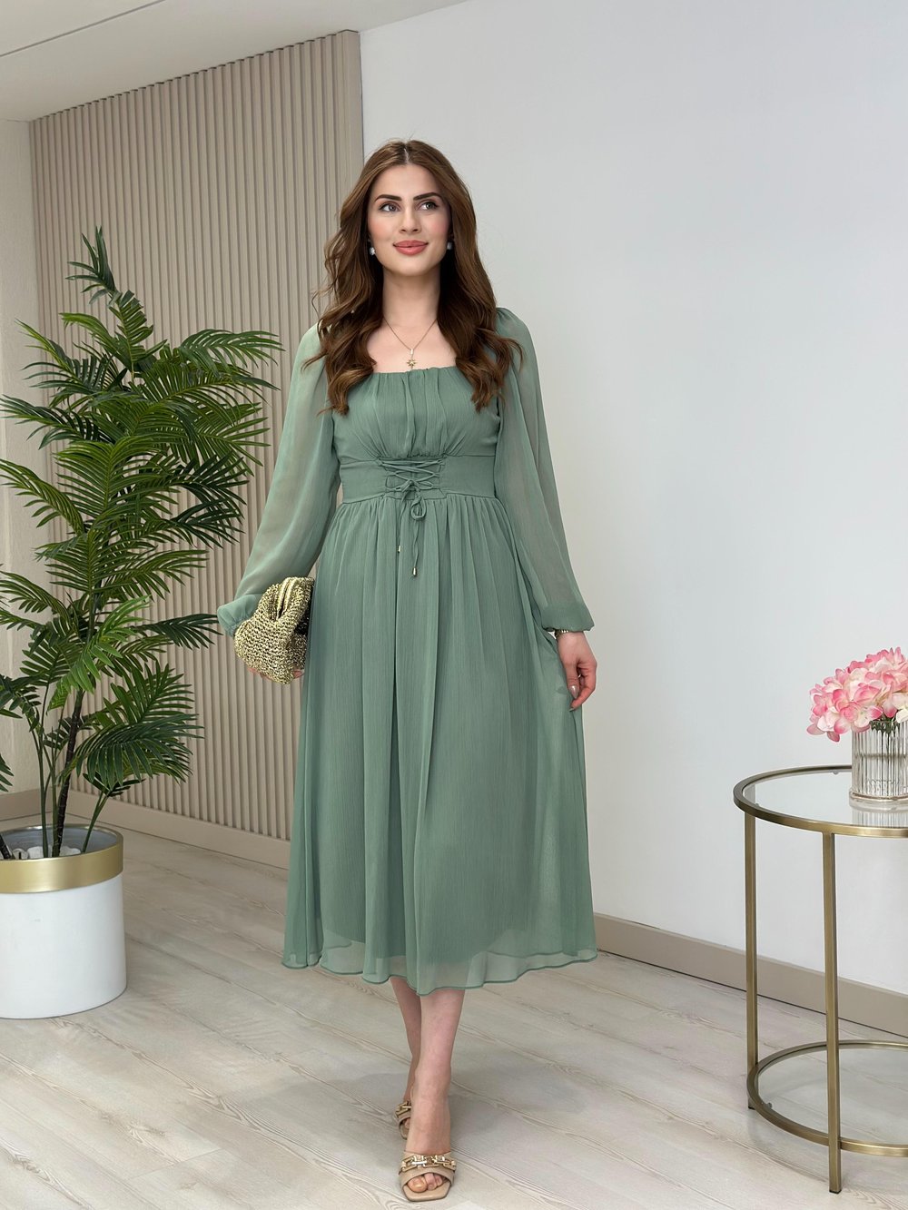 Beli Bağlamalı Fransız Model Şifon Elbise Mint Yeşili
