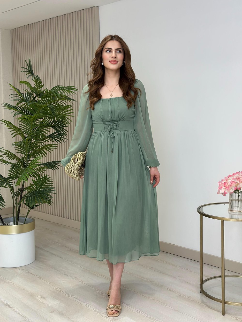 Beli Bağlamalı Fransız Model Şifon Elbise Mint Yeşili