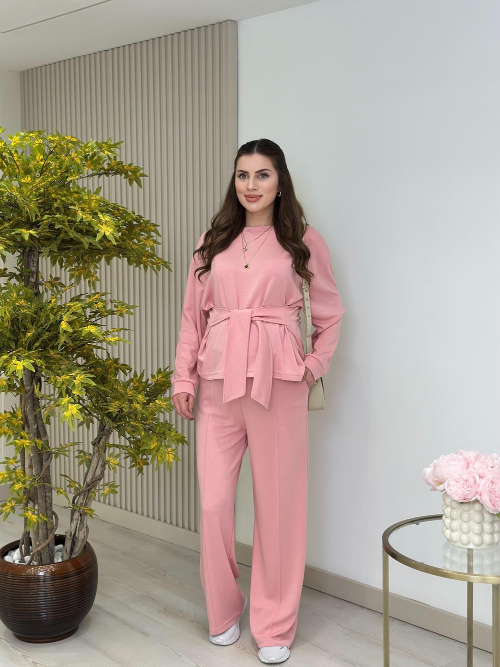 Beli Bağlamalı Modal Kumaş Takım Pembe