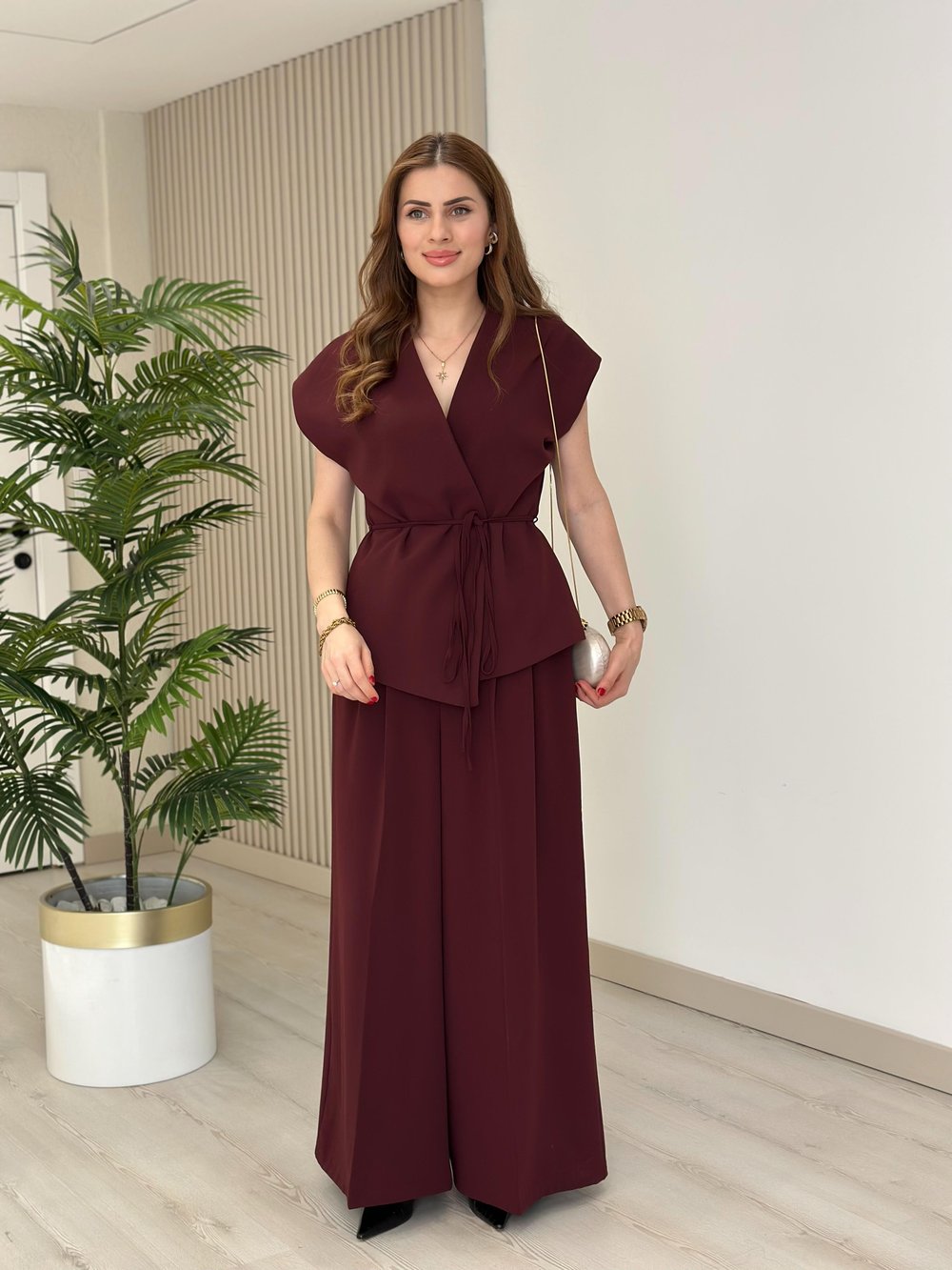 Beli Bağlamalı Premium Yelek Pantolon Takım Bordo