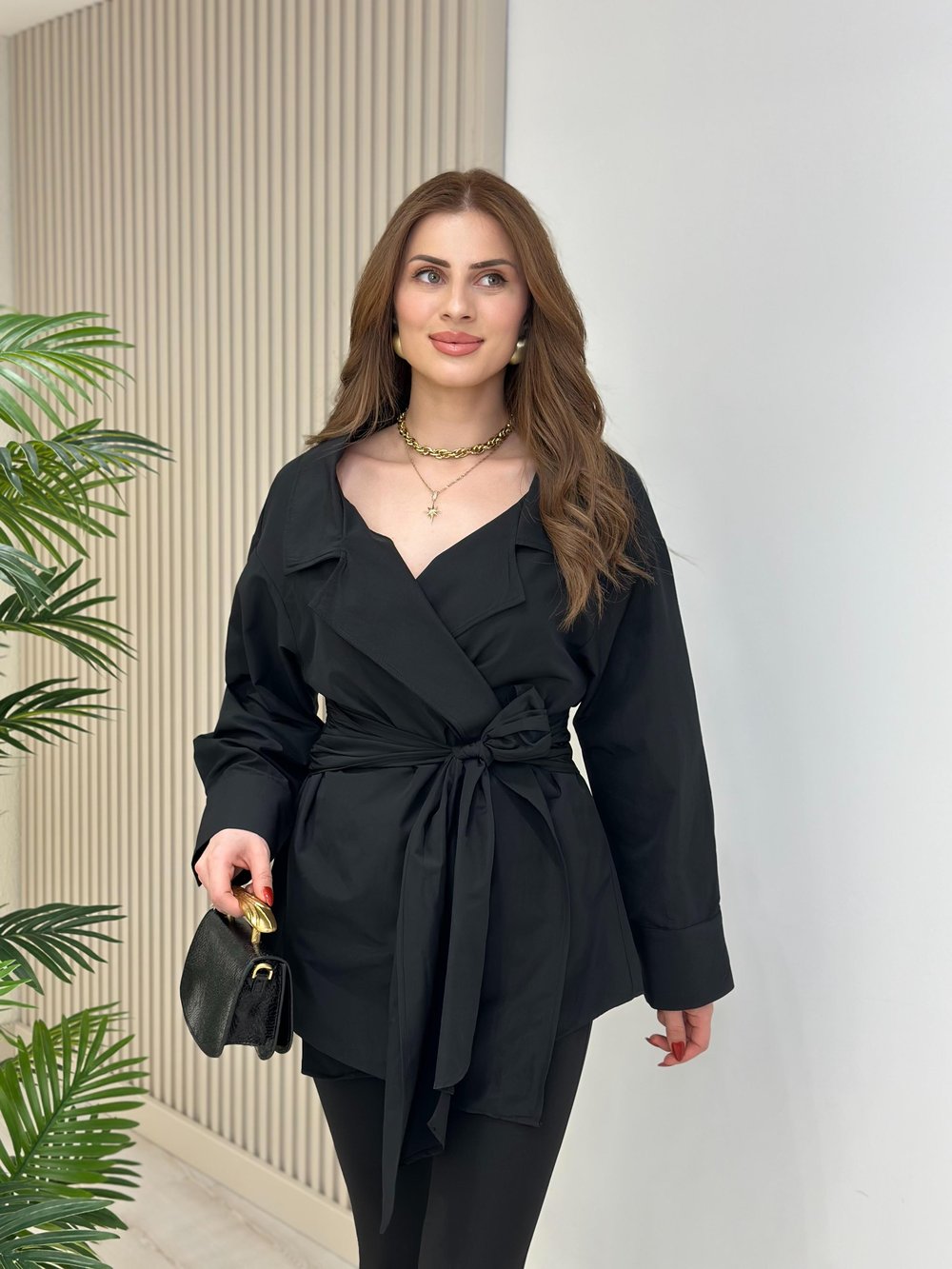 Beli Bağlamalı Tasarım Poplin Kumaş Bluz Siyah
