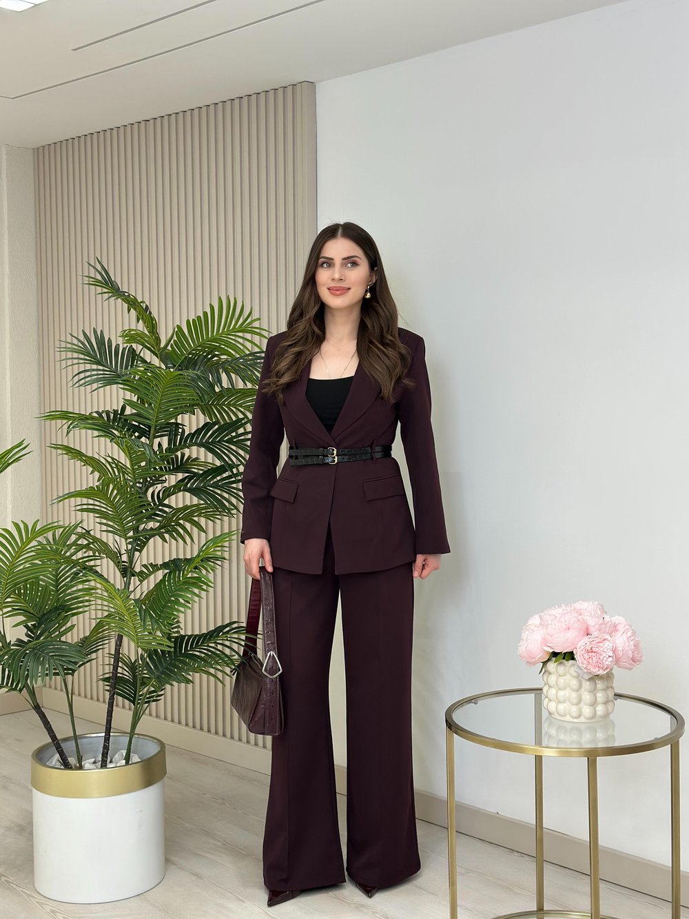 Beli Çift Kemerli Ceket Pantolon Takım Bordo