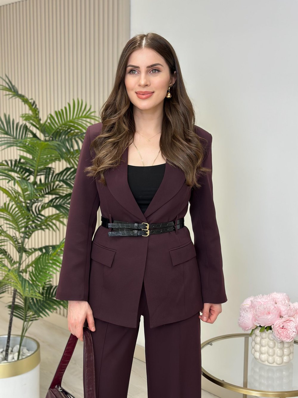 Beli Çift Kemerli Ceket Pantolon Takım Bordo