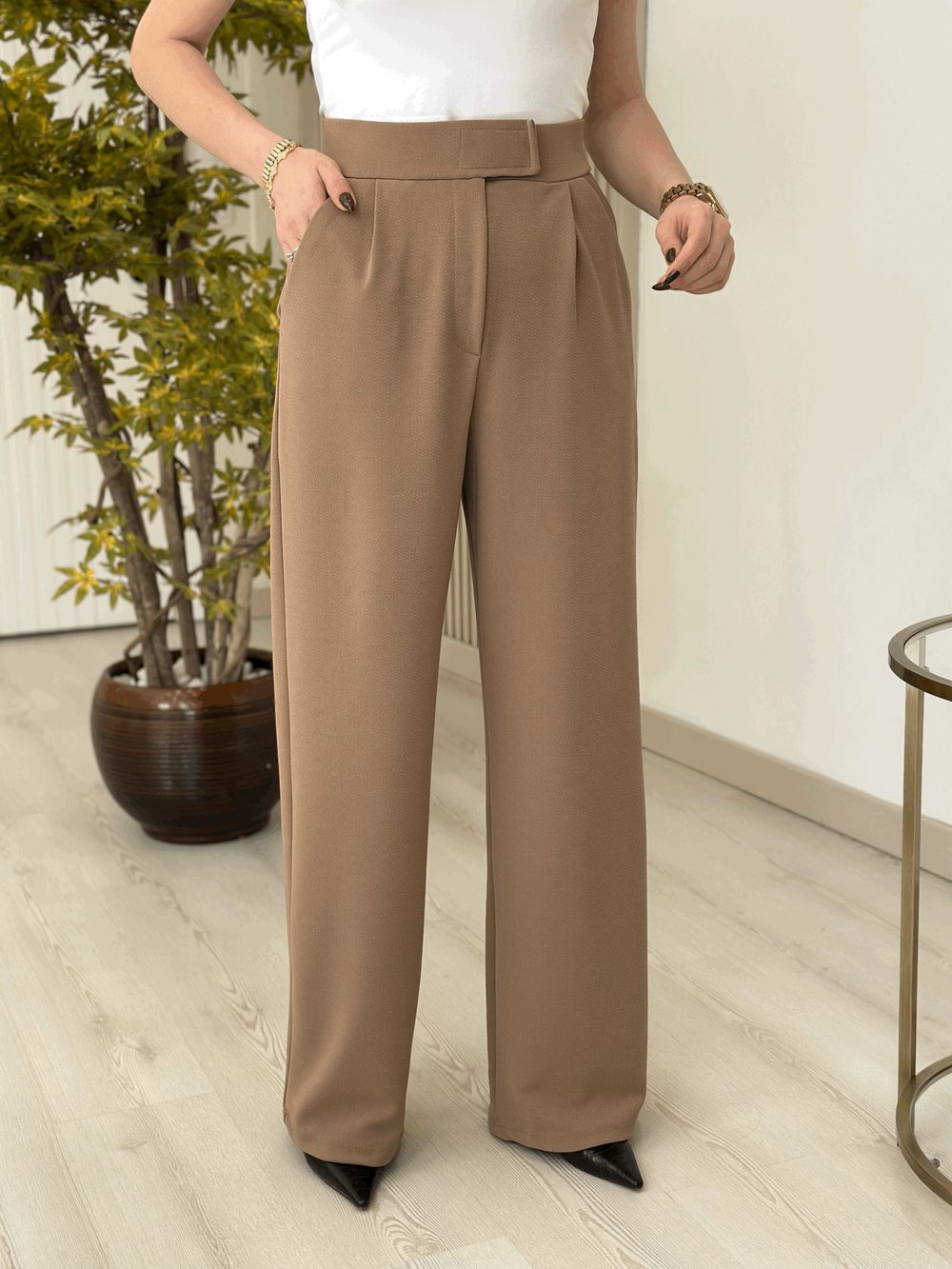 Beli Cırtlı Yüksek Bel Likralı Palazzo Pantolon Camel