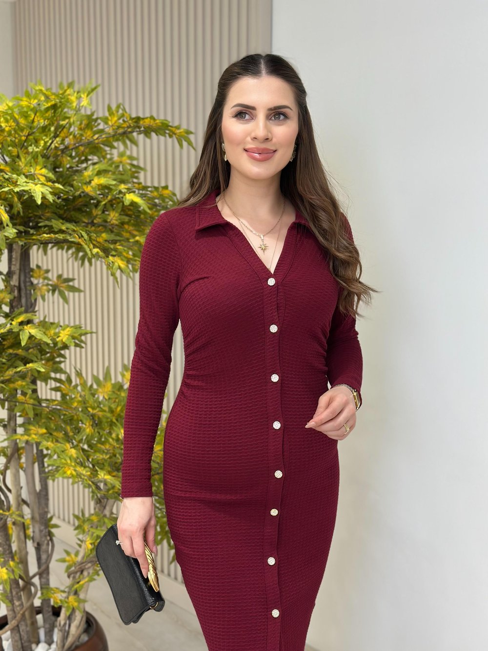 Beli Drapeli Gömlek Yaka Kalem Elbise Bordo