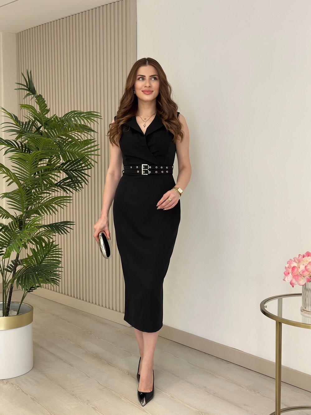 Beli Kemerli Ceket Yaka Elbise Siyah
