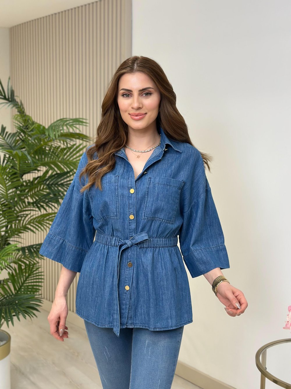 Beli Lastikli Bağcıklı Jean Gömlek 
