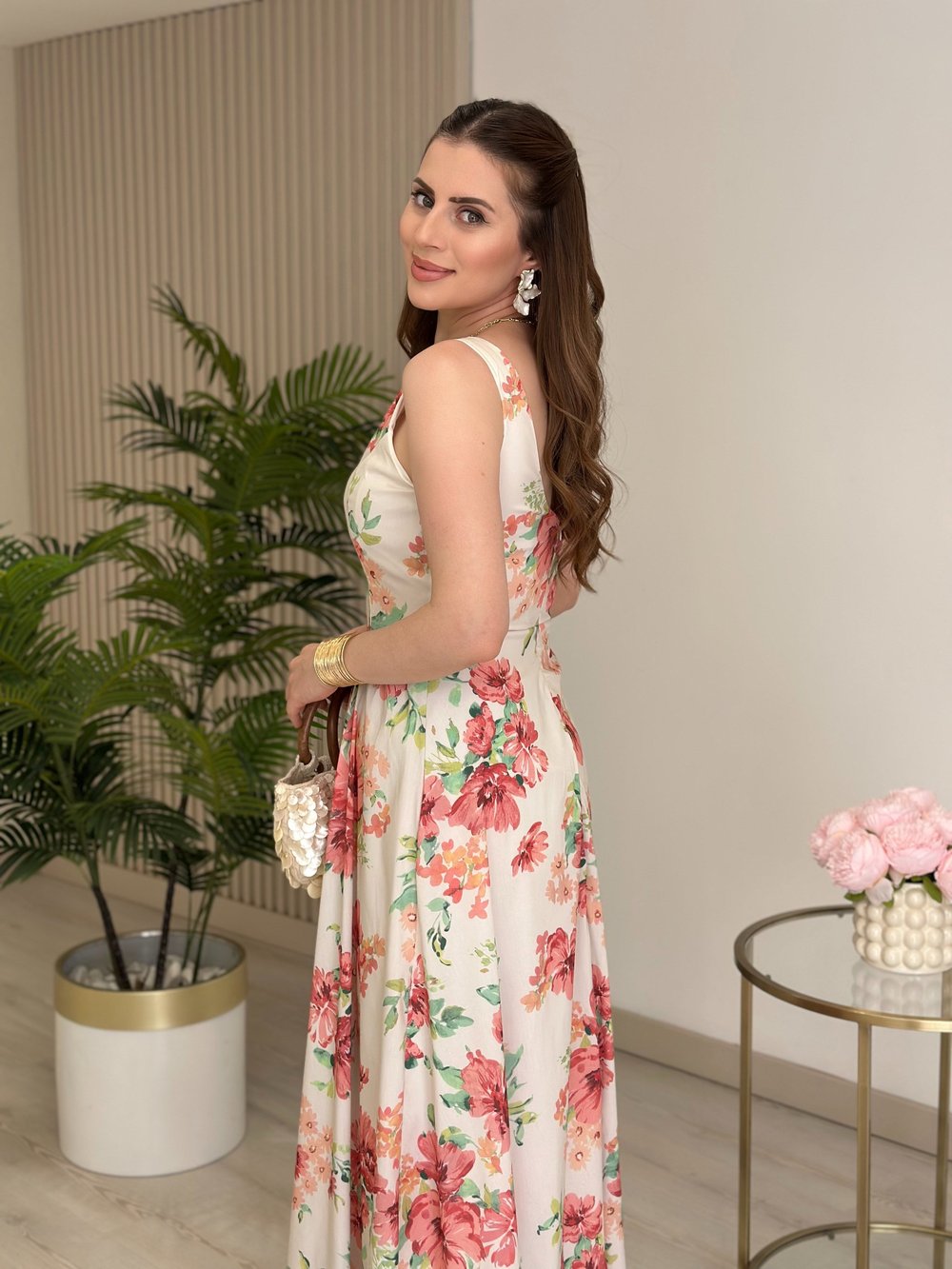 Çiçekli Beli Drape Detaylı Elbise 